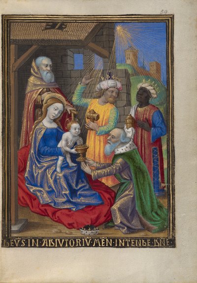 The Adoration of the Magi from a Book of Hours Ms. 48 fol. 59, ca. 1480-90 (tempera, bladgull og blekk på pergament) av Georges Trubert
