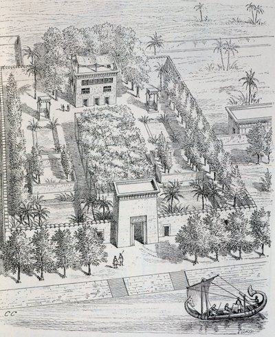 Utsikt over egyptisk villa langs Nilen, rekonstruksjon av Chipiez, fra kunsthistorie i antikken (Egypt, Assyria, Persia, Lilleasia, Hellas, Etruria, Roma) av Georges and Chipiez Charles Perrot