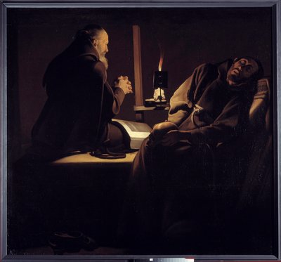 Ekstasen til Saint Francois også kalt en munk i bønn nær en døende munk eller de to munkene. Maleri (Vanite) av Georges de La Tour (1593-1652) av Georges de la (after) Tour