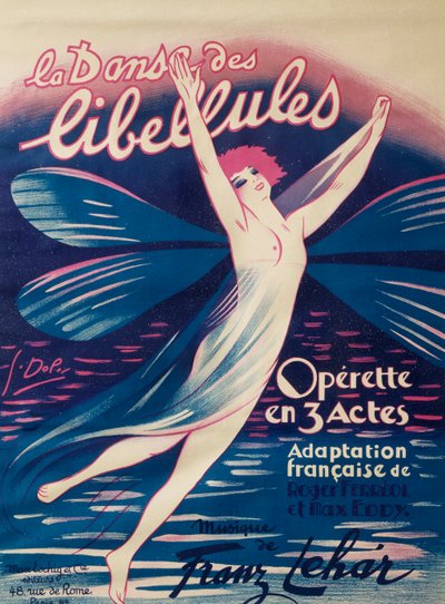 Plakat for Dance of Dragonflies, operette, fransk tilpasning av Roger Ferreol og Max Eddy, musikk av Franz Lehar, Max Eschig Publishing, Paris av Georges pseudonym of Edmond Vernier Dola