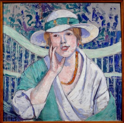 Portrett av dame med hvit og grønn hatt-maleri av Georgette Agutte (1867-1922) 1914 Grenoble, Musee des Beaux Arts av Georgette Agutte