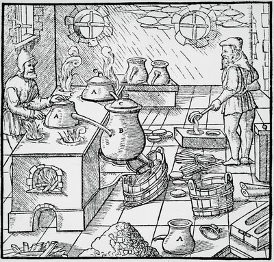 Gravering fra De re metallica (Om metallers natur), av Georg Pawer eller Georgius Agricola (1494-1555), utgitt i Basel av Georgius Agricola