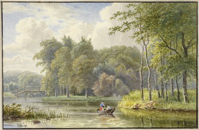 Landskap med figurer i en robåt av Georgius Jacobus Johannes van Os