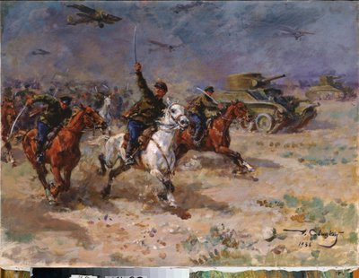 Attack (Tanks and Cavalry of the Red Army under the October Revolution) - Attack - Maleri av George (Georgy, Georgi) Konstantinovich Savitsky (1887-1949), olje på lerret av Georgiy Konstantinovich Savitsky