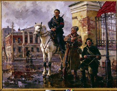 Russisk revolusjon i oktober 1917: ""de første dagene av oktober"" (De første dagene av oktober). Erobringen av Vinterpalasset i St. Petersburg 25. oktober 1917, et angrep ledet av de røde garde og bolsjevikene. Maleri av George (Georgy av Georgiy Konstantinovich Savitsky
