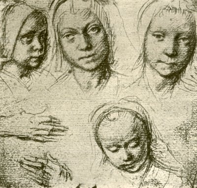 Fire hoder til en ung jente og to hender, c1500-1505, 1908. av Gerard David