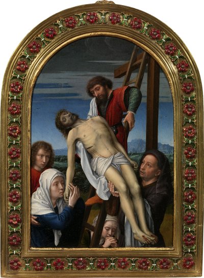 Nedstigningen fra korset (Josef av Arimathea, Nikodemus, apostelen Johannes, Maria Magdalena, Jomfruen og den døde Kristus) - Nedstigningen fra korset av David, Gerard (ca. 1460-1523). Olje på tre, størrelse: 20x14, etter 1500, Galleria degli Uffizi, Firen av Gerard David