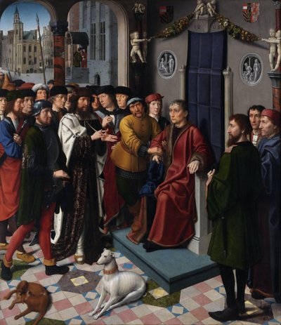 The Judgment of Cambyses (den persiske kong Cambyses II (død 522 f.Kr.) dømmer dommer Sisamnes til å bli flådd i live, for å ha avsagt en dom i bytte mot penger) - The Judgment of Cambyses (venstre panel) - Maleri av Gerard David (ca. 1460- 1523) - 149 av Gerard David