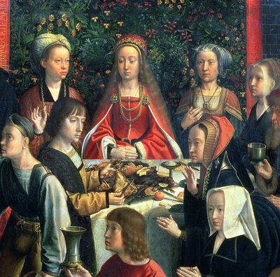 The Marriage at Cana, detalj av bruden og omkringliggende gjester olje på paneldetalj av 94324 av Gerard David