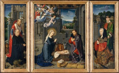 The Nativity with Donors and Saints Jerome and Leonard, c.1510–15 (oil on canvas) av Gerard David