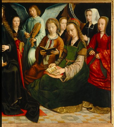 Jomfruen blant de hellige. Detalj av Saintes: Saint Apolline (eller Apollonia), Saint Godeline, Saint Cecile, Saint Barbe, Saint Lucia. Maleri av Gerard David (1460-1523) av Gerard David