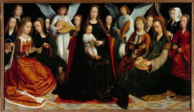 Jomfruen mellom de hellige Før: Saint Dorothee, Saint Catherine, Saint Agnes, Saint Fausta, Saint Apollo (eller Apollonia), Saint Godeline, Saint Cecile, Saint Barbe, Saint Lucia, bak: Gerard David og hans kone Cornelie og to musikere engler. av Gerard David