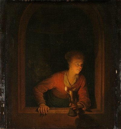 Jente med en oljelampe ved et vindu av Gerrit Dou
