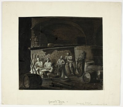 Vinkjeller med menn som spiller kort av Gerrit Dou