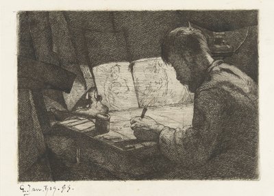 Selvportrett bak tegnebrettet av Gerard Jan Bos (signed by artist)