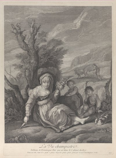 En landkvinne sittende i landskap med to gutter ved sin side, 1729-40. av Gerard Jean Baptiste Scotin