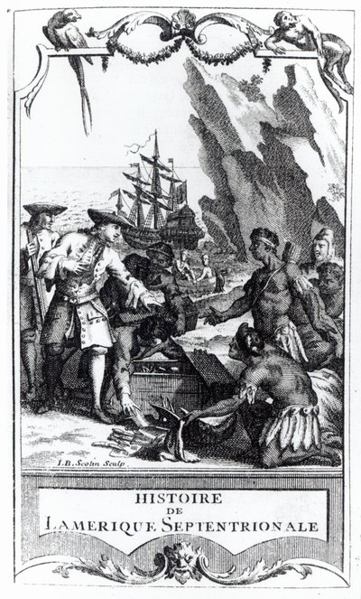 Frontispice for Histoire de lAmerique septentrionale av Bacqueville de La Potherie (1663-1736), utgitt i 1753 (bw-foto) av Gerard Jean Baptiste Scotin