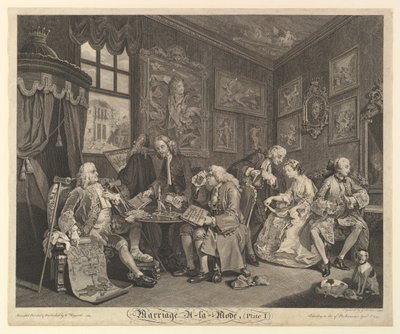 Ekteskap A-la-Mode, Tavle I, 1. april 1745. av Gerard Jean Baptiste Scotin
