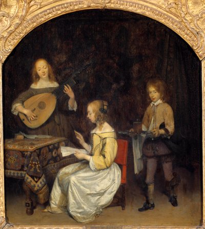 The Concert: sanger og spiller av Luth Theorbe. Maleri av Gerard Ter Borch (1617-1681), nederlandsk skole av Gerard ter Borch