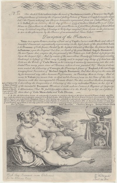 Loddbillett for maleriet av Venus og Amor etter Michelangelo, 1734. av Gerard Vandergucht