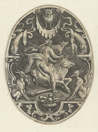 Hercules fanger den kretiske oksen Ovale overflatedekorasjoner med Hercules gjerninger i grotesker (serietittel) av Gerard de Jode