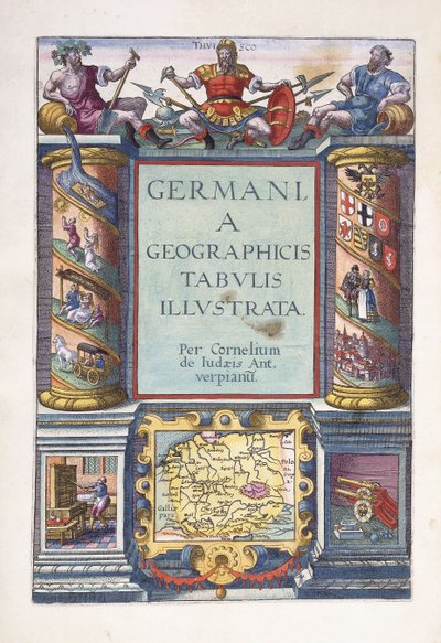 Tittelside til del 2, "Germania geografiske kart illustrert", 1593 av Gerard de Jode