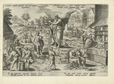 Father Time midt i scener med menneskelige yrker og aktiviteter Temporis utendi commoda ratio ad corporis neceßitatem (...) (tittel på objekt) Moralizing Allegories of Time (serietittel) av Gerard de Jode