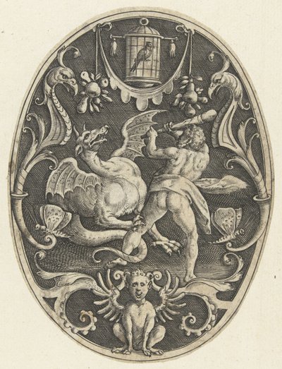 Overflatedekorasjon: Hercules dreper dragen Ladon Ovale overflatedekorasjoner med Hercules gjerninger i grotesker (serietittel) av Gerard de Jode