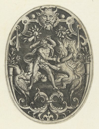 Overflatedekorasjon: Hercules dreper monsteret Geryon Oval overflatedekorasjon med Hercules gjerninger i grotesker (serietittel) av Gerard de Jode