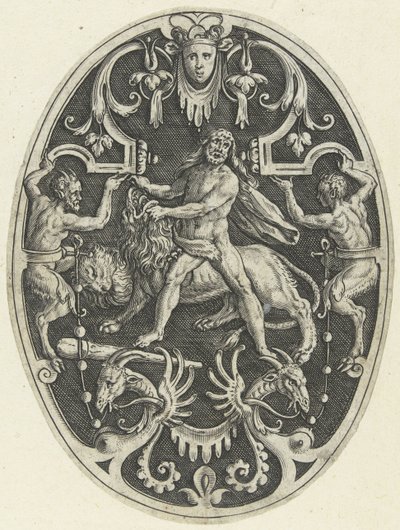 Overflatedekorasjon: Hercules og Nemean-løven Ovale overflatedekorasjoner med Hercules gjerninger i grotesker (serietittel) av Gerard de Jode