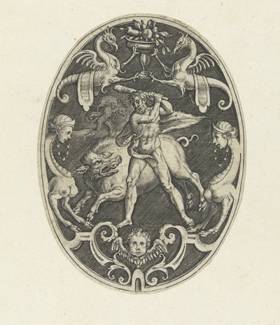 Overflatedekorasjon: Hercules fanger den erymantiske villsvinet Oval overflatedekorasjon med Hercules gjerninger i grotesker (serietittel) av Gerard de Jode