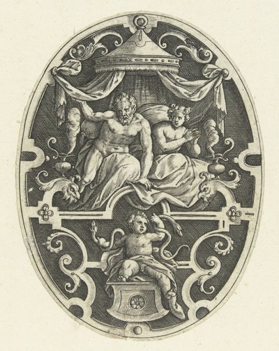 Overflatedekorasjon: Hercules kveler de to slangene i vuggen sin Ovale overflatedekorasjoner med Hercules gjerninger i grotesker (serietittel) av Gerard de Jode