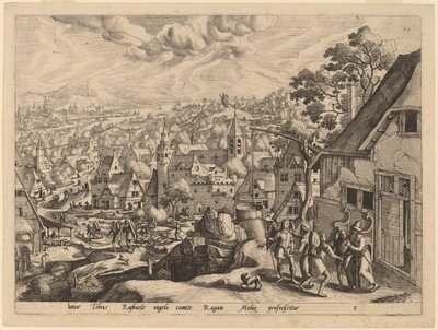 Erkeengelen Raphael tar Tobias fra sitt hjem av Gerard de Jode after Hans Bol