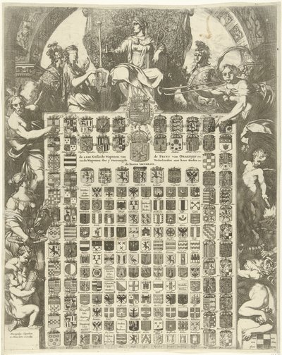 Kjønnsvåpen til prins William III i en allegorisk ramme LXIIII Gender Weapons of the Prince of Oraenjen etc. og Weapons of the 7 United Netherlands with its Cities etc. (tittel på objekt) av Gerard de Lairesse