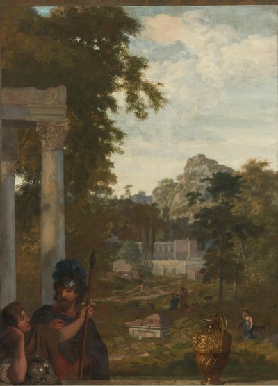 Italiensk landskap med to romerske soldater Dekorasjon for et rom i huset til Jacob de Flines i Amsterdam (serietittel) av Gerard de Lairesse