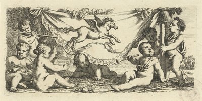 Putti lager musikk med Pegasus av Gerard de Lairesse