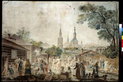 Une cure thermale (Sauna) a Moscou (A cure bath in Moscow). Peinture de Gerard de la Barthe (actif entre 1787 et 1810). Aquarelle sur papier, 45,7 x 66,7 cm, vers 1790. Art francais du 18e siecle. Museum of private collections in A.Pushkin Museum of Fine A av Gerard de la Barthe
