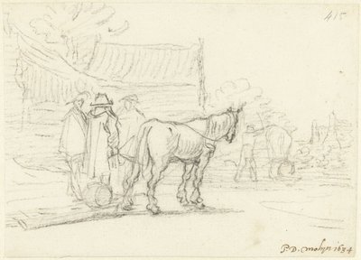 Tre menn ved siden av en hest og slede av Gerard ter Borch (II)