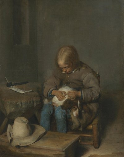 En gutt som plukker lopper av en hund av Gerard ter Borch