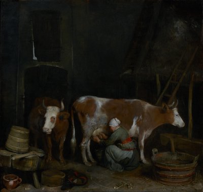 En tjenestejente melker en ku i en låve av Gerard ter Borch