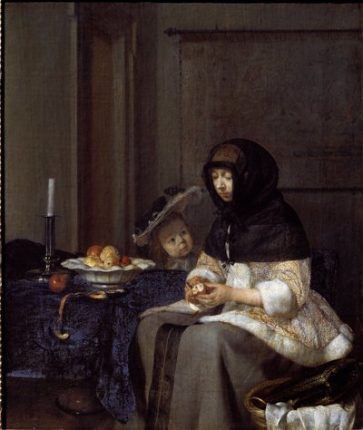 En mor som skreller et eple (olje på lerret av Gerard ter Borch