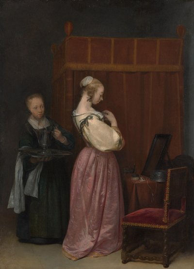 En ung kvinne på toalettet hennes med en hushjelp, ca. 1650-51 av Gerard ter Borch