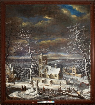 En landsby om vinteren med figurer på isen (olje på lerret) av Gerard van Edema