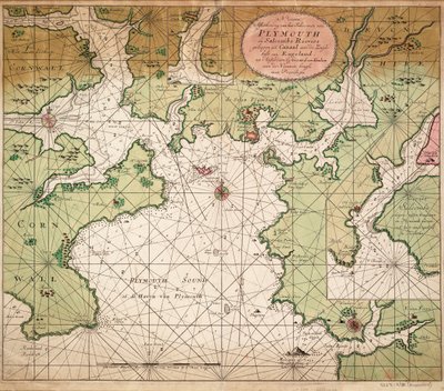 Kart over Plymouth Sound, fra Greenville Collins#39; kart over Den engelske kanal fra 1693 av Gerard van Keulen