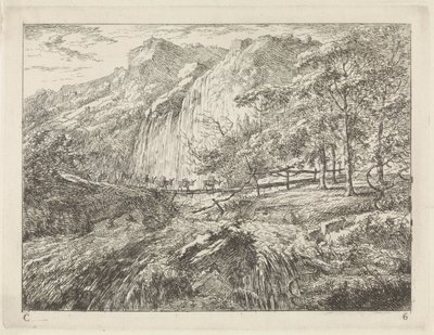 Pakk esler på en bro ved en foss Landskap (serie C) (serietittel) av Gerard van Nijmegen