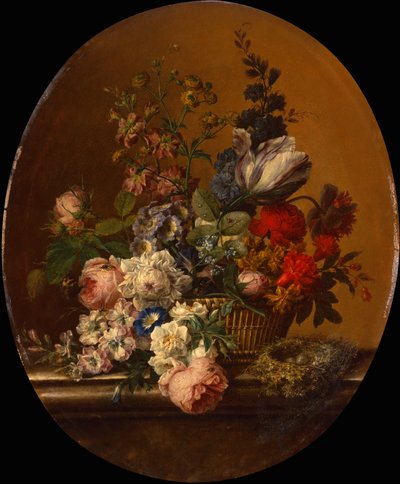 Stilleben av blomster i en kurv med et Dunnock
