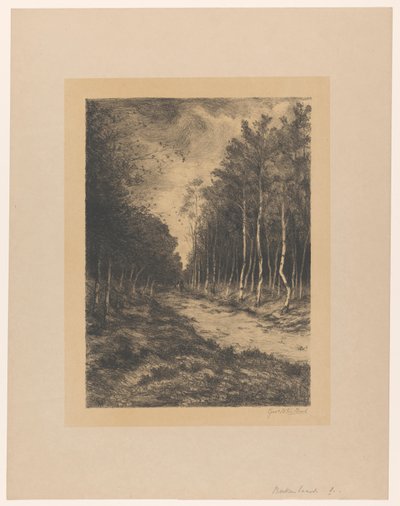 Skogsløype med to ryttere Berkenlaan (tittel på objekt) av Gerarda Wilhelmina ten Hoet (signed by artist)