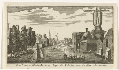 Utsikt langs Wetering på Amsterdam Utsikt fra Stadlander Bridge langs Wetering til City of Amsterdam (tittel på objekt) av Gerardus Condet