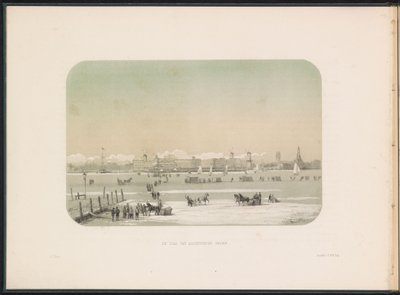 Isunderholdning på Maas i Rotterdam, sett fra Katendrecht, 1855 Byen Katendrecht sett (tittel på objekt) Isunderholdningen på Maas i Rotterdam i februar 1855, med bildetekster (serietittel på objekt) av Gerardus Johannes Bos