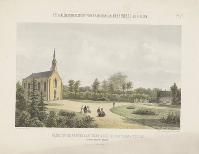 Kirke og portnerhus bak Meerenberg Utsikt over den protestantiske kirken og portørens hus (tittel på objekt) Det medisinske asylet for den sinnssyke Meerenberg nær Haarlem (serietittel på objekt) av Gerardus Johannes Bos